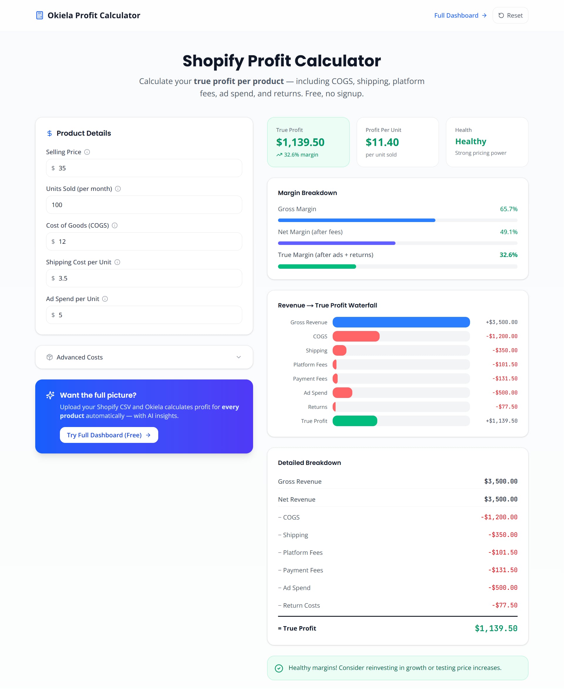 Công cụ tính lợi nhuận Shopify của Okiela — Xem lợi nhuận thực sự của bạn trong 30 giây