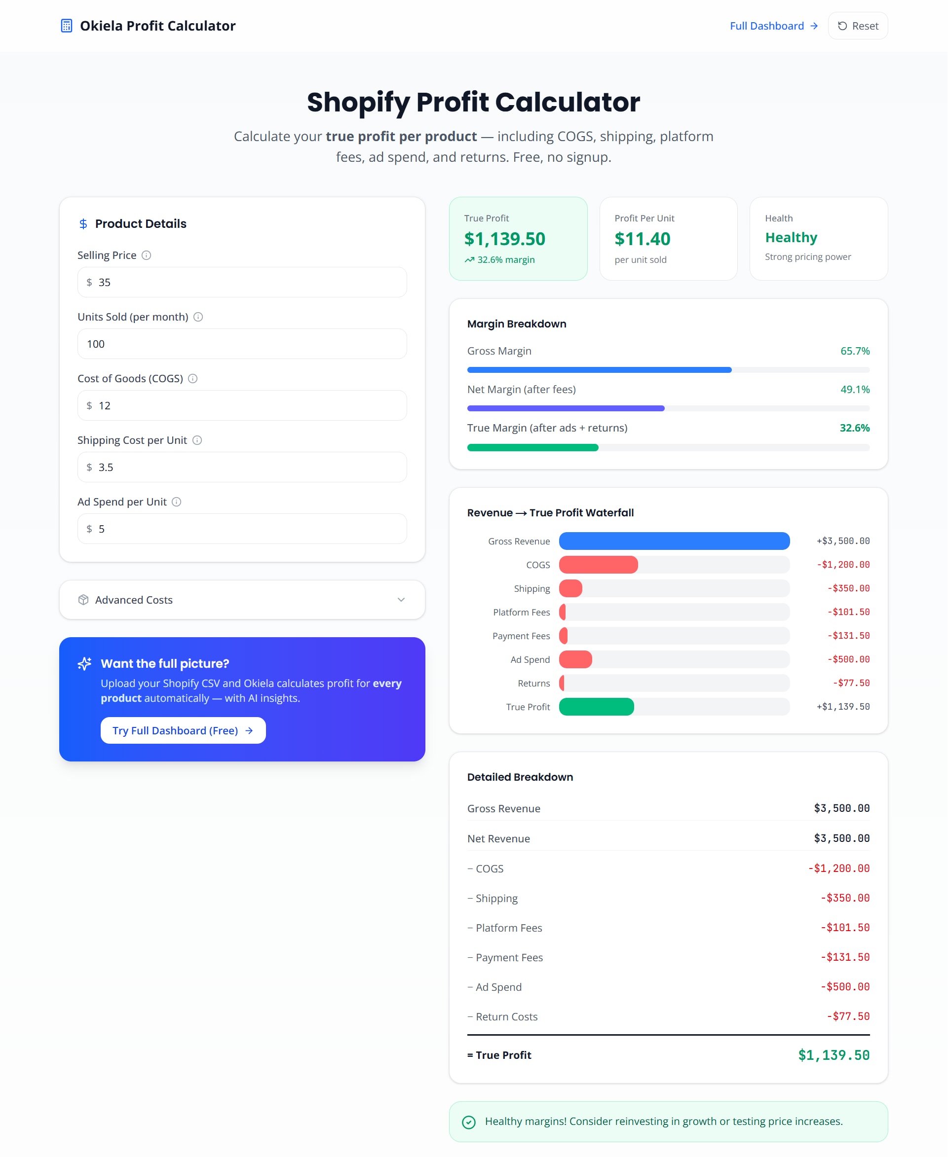 Công cụ tính lợi nhuận Shopify của Okiela — Xem lợi nhuận thực sự của bạn trong 30 giây